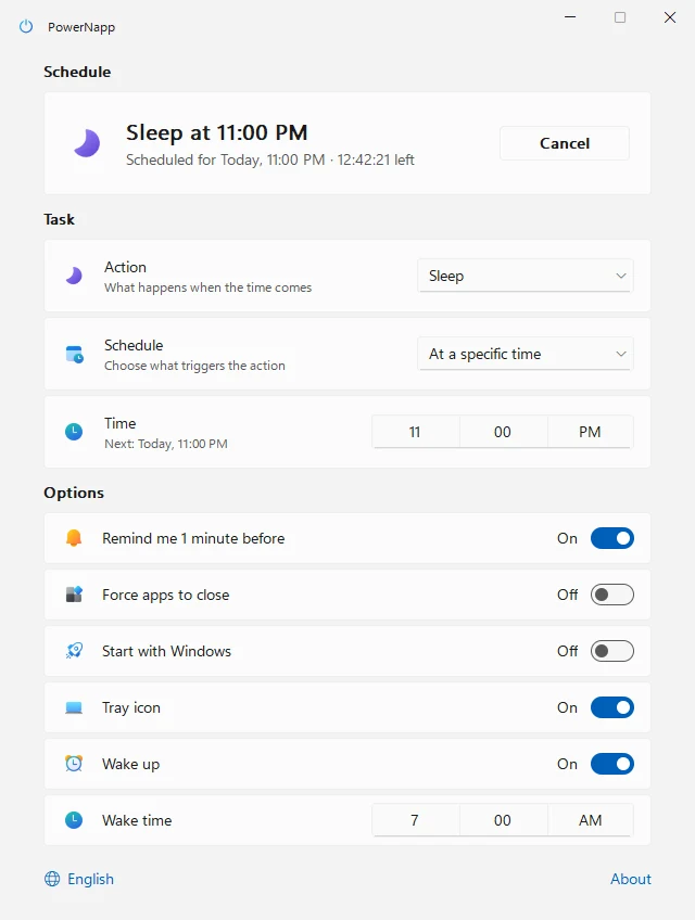 PowerNapp app on Windows: sleep at 11:00 PM every day, wake up at 7:00 AM